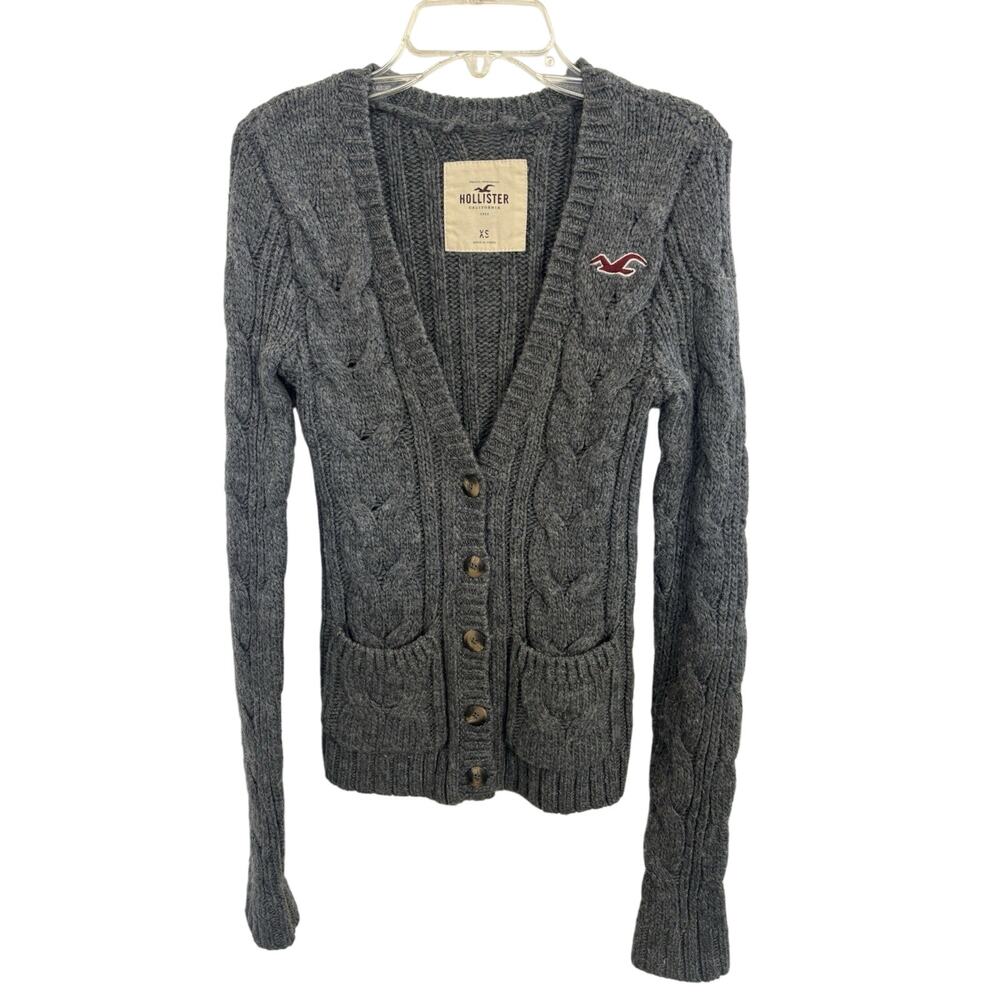 Vintage Hollister Gray Cable Knit Cardigan Size XS Y2K Bella Swan Wool Blend